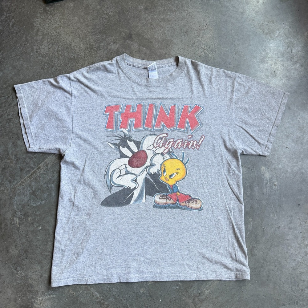 Vintage Looney Tunes Think Again Sylvester Cat Tweety Bird Graphic Shirt Mens XL